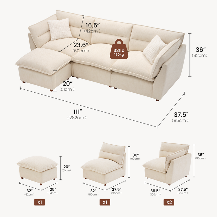[Pre-sale] L-Shaped Sectional Sofa, Loven Modular Cloud Design with Solid Wood Legs，Pure Plume