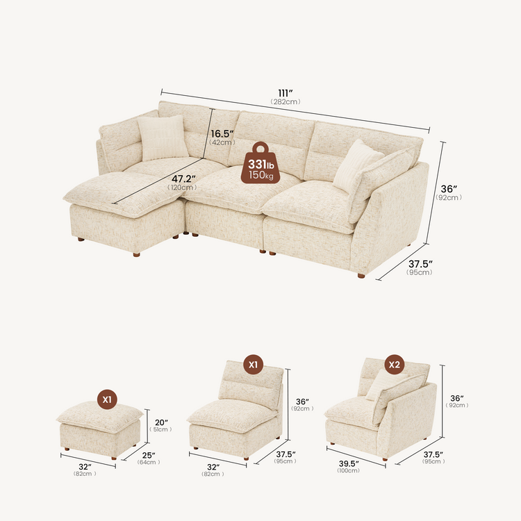 [Pre-sale] L-Shaped Sectional Sofa, Loven Modular Cloud Design with Solid Wood Legs，Sandstone Beige