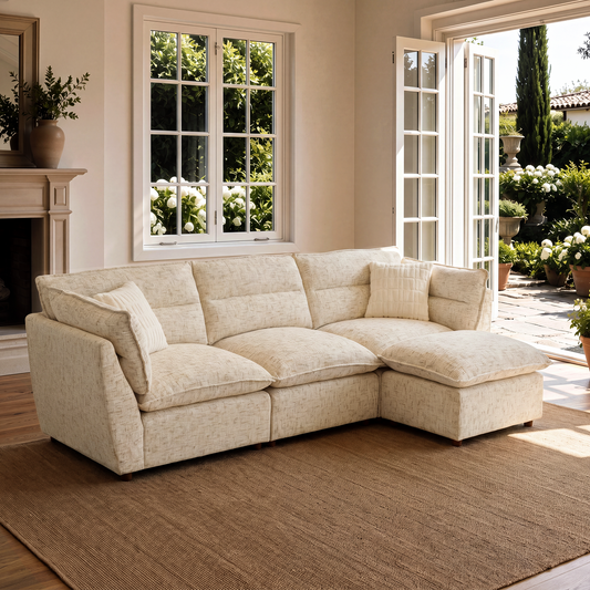 Sandstone beige L-shaped sectional sofa with chaise, cushions, and throw pillows
