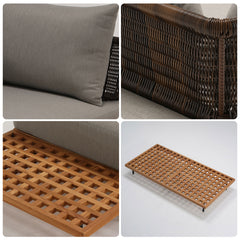 Four panels show gray cushions, a dark woven back, and a honey-brown lattice seat platform