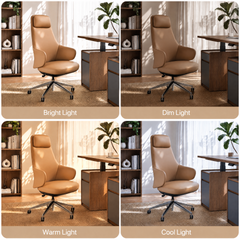 Four panels show a tan high-back office chair with padded arms and a wheeled base beside a desk, under lighting labeled Bright Light, Dim Light, Warm Light and Cool Light.