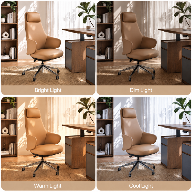Four panels show a tan high-back office chair with padded arms and a wheeled base beside a desk, under lighting labeled Bright Light, Dim Light, Warm Light and Cool Light.