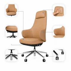 Diagram of a tan high-back chair with padded headrest, curved sides and five-spoke wheeled base, with linked close-ups of the seat, headrest, side, lever, base and casters.