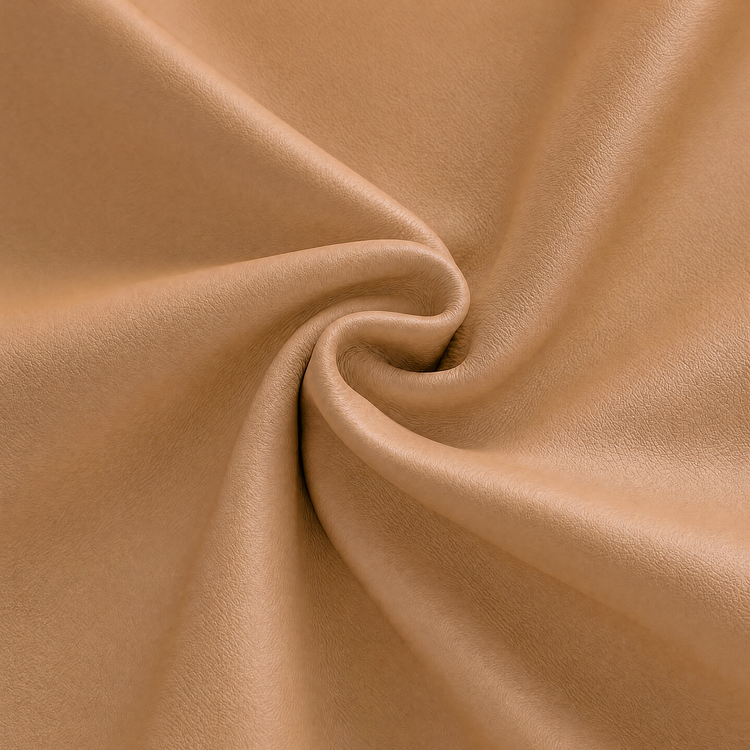 Close-up of a tan, finely textured surface gathered into curved folds forming a central swirl.