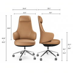 Dimension diagram showing front and side views of a tan high-back office chair with a headrest cushion, curved armrests and a silver-colored five-spoke base with casters.