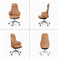 Four views of a tan office chair with a tall back, padded headrest, curved side supports, and a silver-colored five-spoke base with black caster wheels.