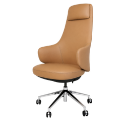 Tan high-back office chair with a padded headrest, curved armrests, stitched edges and a silver-coloured five-spoke base with black caster wheels.
