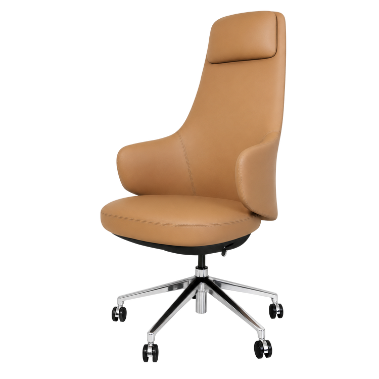 Tan high-back office chair with a padded headrest, curved armrests, stitched edges and a silver-coloured five-spoke base with black caster wheels.