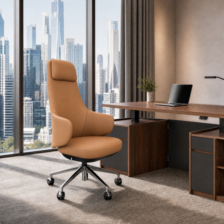 Light Brown PU Ergonomic Office Chair Adjustable Headrest 4-Gear Tilt