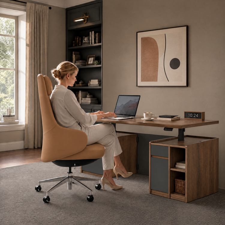 A woman sits in a tan high-backed swivel chair using a laptop at a brown desk with storage cabinets, a cup, books and a digital clock in a home office.