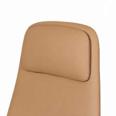 Close-up of a tan chair back with a rounded rectangular headrest cushion and stitching along the edges.
