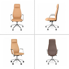Four views of a tan high-back office chair with a headrest, silver-colored armrests, a brown back panel and a five-spoke base with black casters.