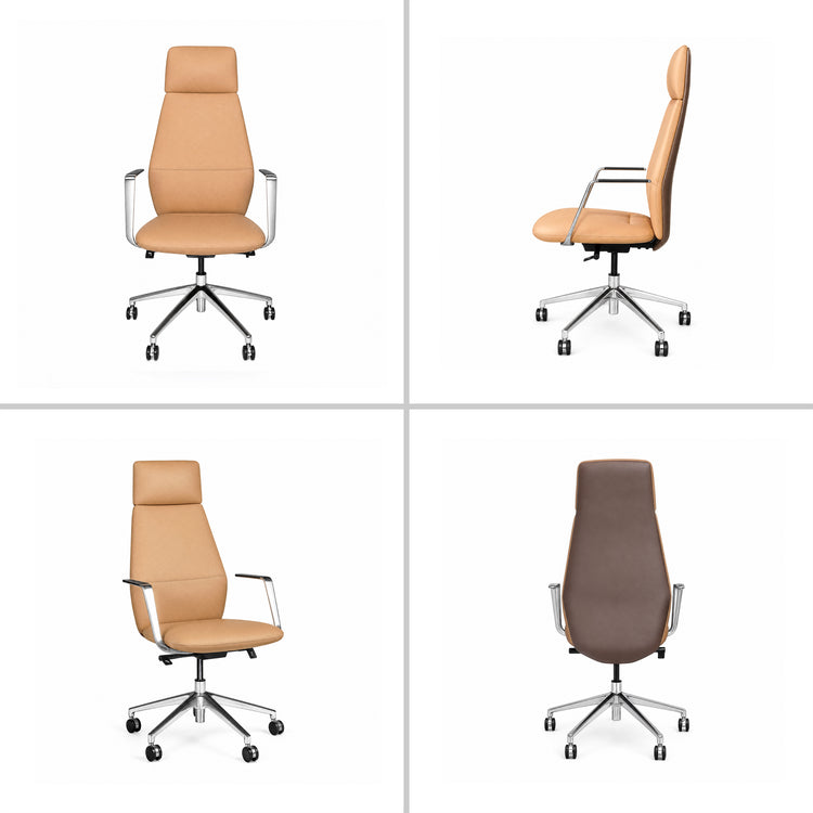 Four views of a tan high-back office chair with a headrest, silver-colored armrests, a brown back panel and a five-spoke base with black casters.