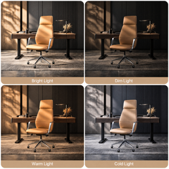 Four panels show a tan high-back office chair with silver-colored arms and a wheeled base in front of a desk under bright, dim, warm and cold lighting.
