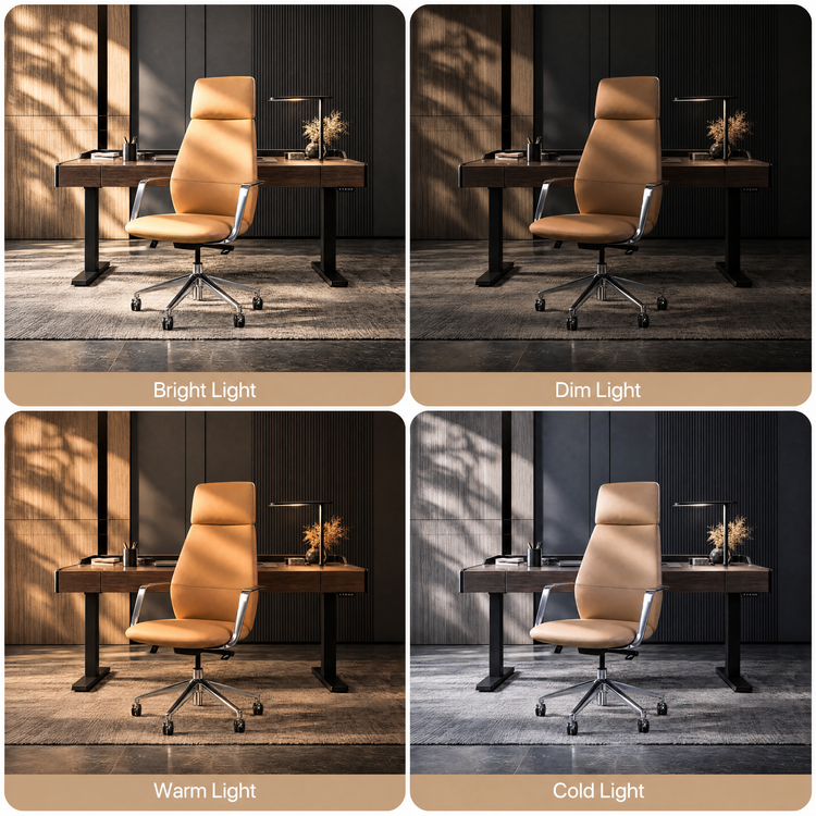 Four panels show a tan high-back office chair with silver-colored arms and a wheeled base in front of a desk under bright, dim, warm and cold lighting.
