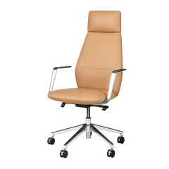 Tan office chair with a tall padded back, separate headrest, silver-colored arms with black pads, adjustment levers and a five-spoke base with black casters.