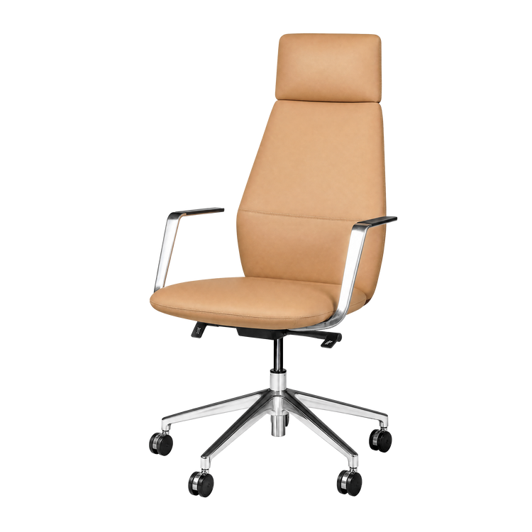 Tan office chair with a tall padded back, separate headrest, silver-colored arms with black pads, adjustment levers and a five-spoke base with black casters.