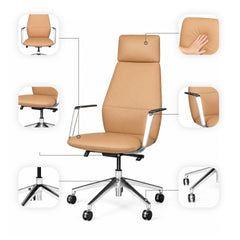 Diagram of a tan high-back office chair with callout close-ups of the padded seat, backrest, silver-colored armrests, under-seat levers, five-spoke base and caster wheels.