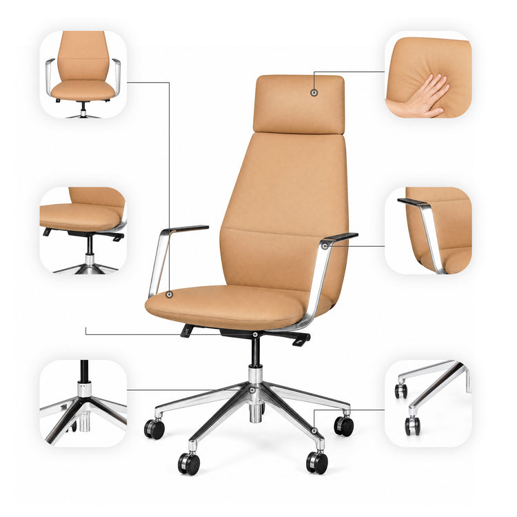 Diagram of a tan high-back office chair with callout close-ups of the padded seat, backrest, silver-colored armrests, under-seat levers, five-spoke base and caster wheels.
