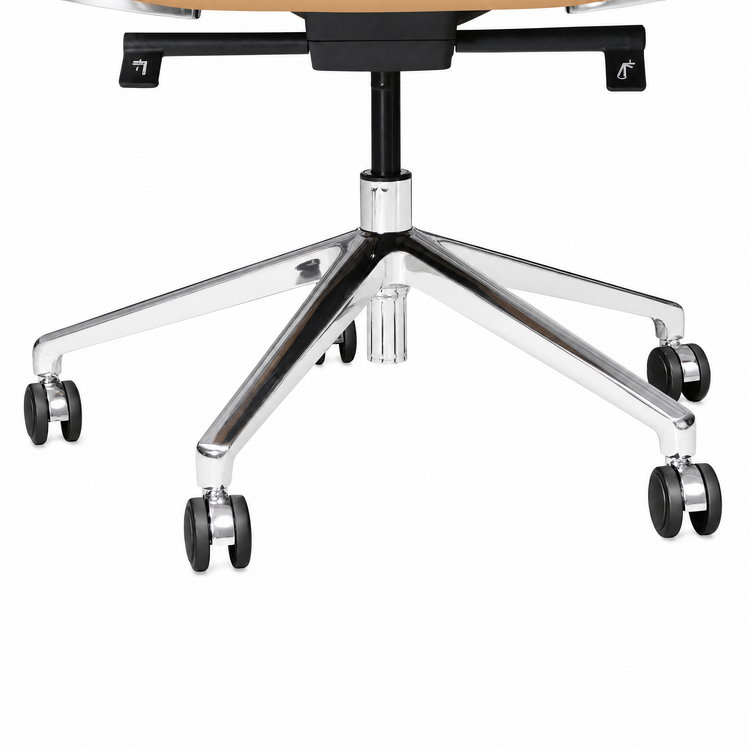 Close-up of a chair's five-spoke polished base with black caster wheels, central support column, and a partial view of the seat underside.