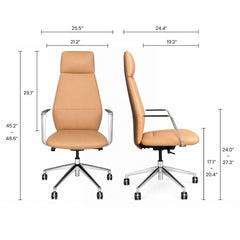 Diagram showing front and side views of a tan swivel office chair with labeled dimensions and adjustable seat-height ranges.