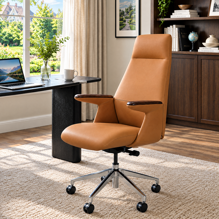 Tan high-back office chair with dark armrests and a silver five-spoke wheeled base beside a black desk in a sunlit room with bookshelves.
