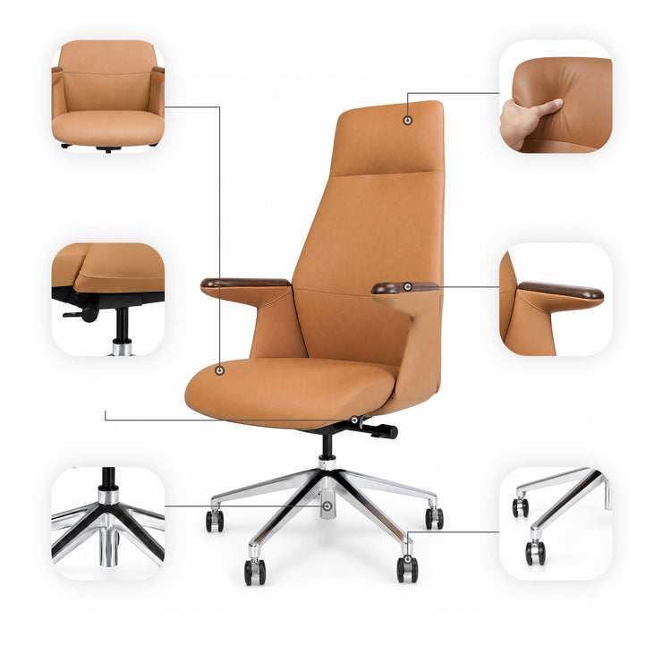 Diagram of a tan high-back office chair with dark brown armrest tops and a silver five-spoke wheeled base, with linked close-ups of the seat, backrest, armrest, controls, base and casters.