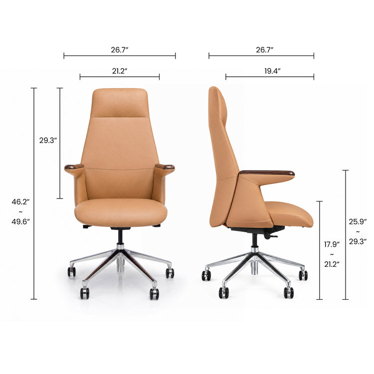 Front and side views of a tan high-back swivel chair with a five-wheel base, annotated with width, depth, seat-height, and overall-height measurements.