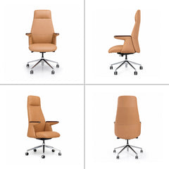Four views of a tan high-back office chair with dark brown armrest tops, a padded seat, and a silver-colored five-spoke base with black casters.