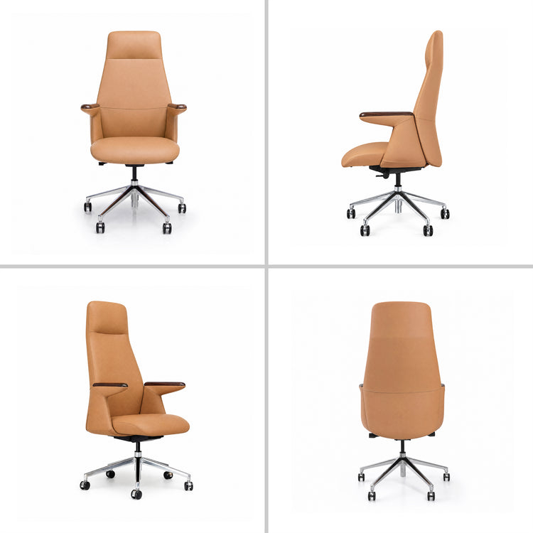 Four views of a tan high-back office chair with dark brown armrest tops, a padded seat, and a silver-colored five-spoke base with black casters.