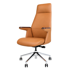 Tan high-back office chair with stitched upholstery, dark brown patterned armrest tops, a shiny silver five-spoke base, and black caster wheels.