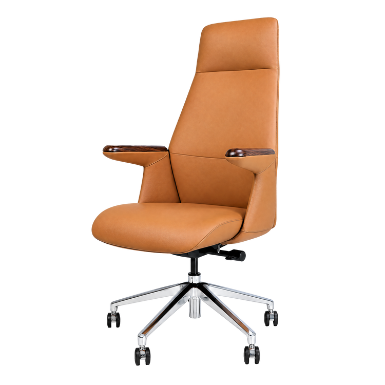 Tan high-back office chair with stitched upholstery, dark brown patterned armrest tops, a shiny silver five-spoke base, and black caster wheels.