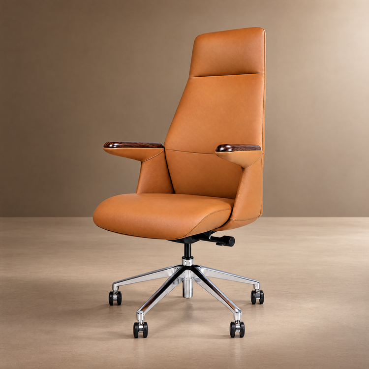 Tan high-back office chair with a padded seat, dark wood-grain armrest tops, a shiny silver five-spoke wheeled base and a black adjustment lever beneath the seat.