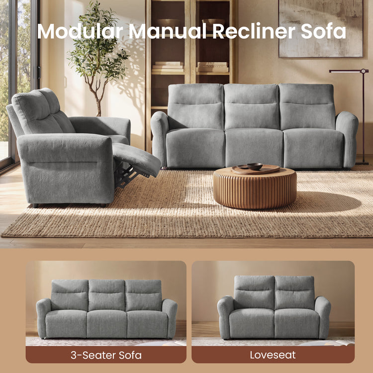 Linnea 96" Gray Textured Fabric Manual Reclining 3-Seat Sofa