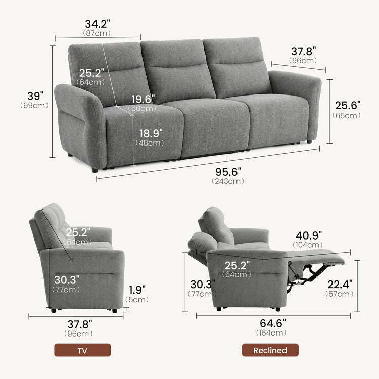 Linnea 96" Gray Textured Fabric Manual Reclining 3-Seat Sofa