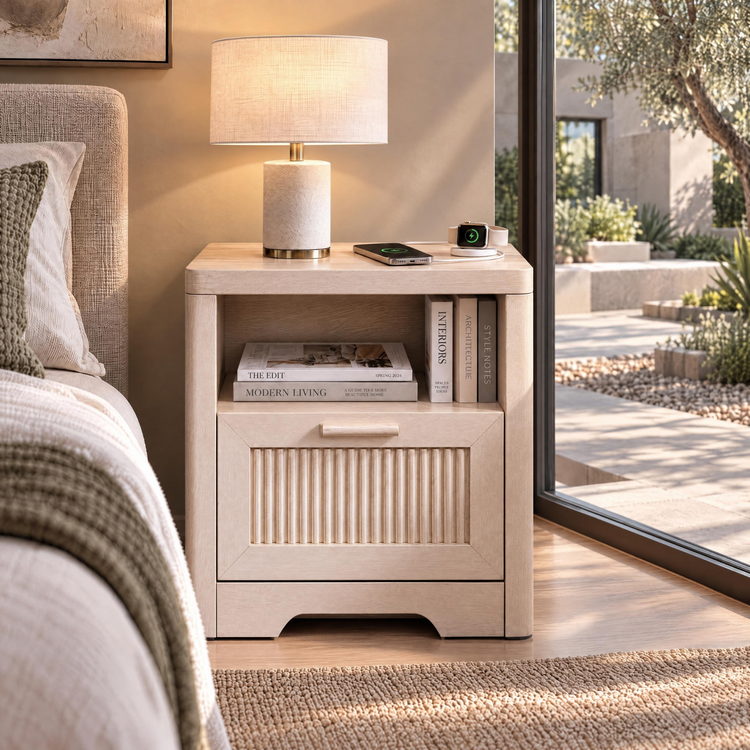 Lira 22.8" Fluted Wood Nightstand with Charging Station