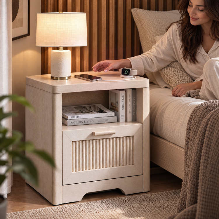 Lira 22.8" Fluted Wood Nightstand with Charging Station