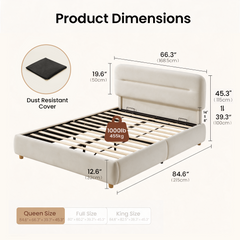 Dimension diagram of a cream-colored bed frame with exposed slats, a rounded padded headboard, measurement lines, and an inset showing a folded black cover.