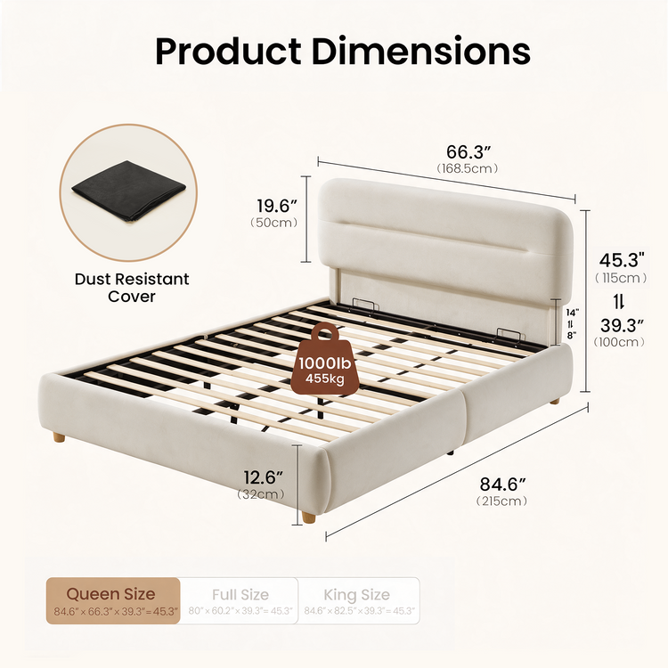 Dimension diagram of a cream-colored bed frame with exposed slats, a rounded padded headboard, measurement lines, and an inset showing a folded black cover.