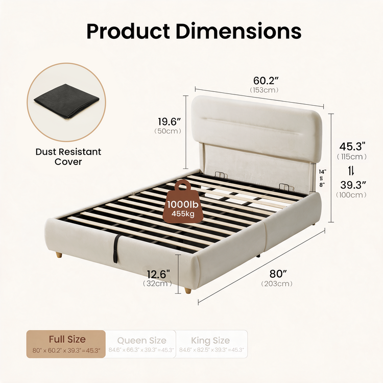 Dimension diagram of a cream-colored bed frame with a rounded padded headboard, exposed slats, short legs and a black front strap, plus an inset showing a folded black cover.