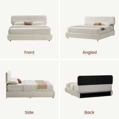 Four views of a cream-colored bed with a rounded rectangular headboard, low frame, short legs, white bedding and a pink accent pillow, showing the front, angled view, side and black-backed rear.