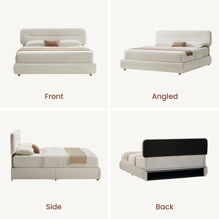 Four views of a cream-colored bed with a rounded rectangular headboard, low frame, short legs, white bedding and a pink accent pillow, showing the front, angled view, side and black-backed rear.