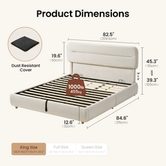 Dimension diagram of a cream-colored bed frame with exposed slats, a padded headboard, measurement lines, a weight-capacity label, and an inset showing a folded black cover.