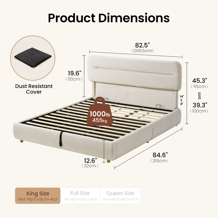 Dimension diagram of a cream-colored bed frame with exposed slats, a padded headboard, measurement lines, a weight-capacity label, and an inset showing a folded black cover.