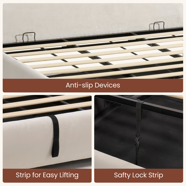 Three close-up views of a bed frame show pale slats with upright black stops, a black loop hanging over the padded side, and a buckled black strap attached to an interior crossbar.