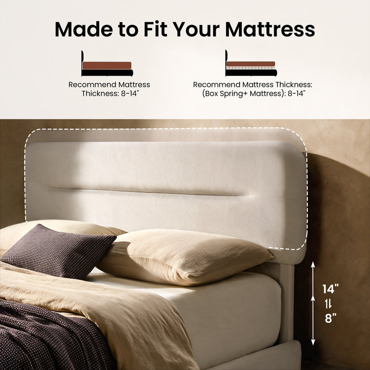 King Curved Suede Storage Bed with Hydraulic Lift & Adjustable Headboard, Beige - Lumora