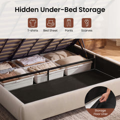 Raised bed base reveals under-bed storage with white bins of folded clothing and bedding, while a circular inset shows a hand lifting the black floor liner.