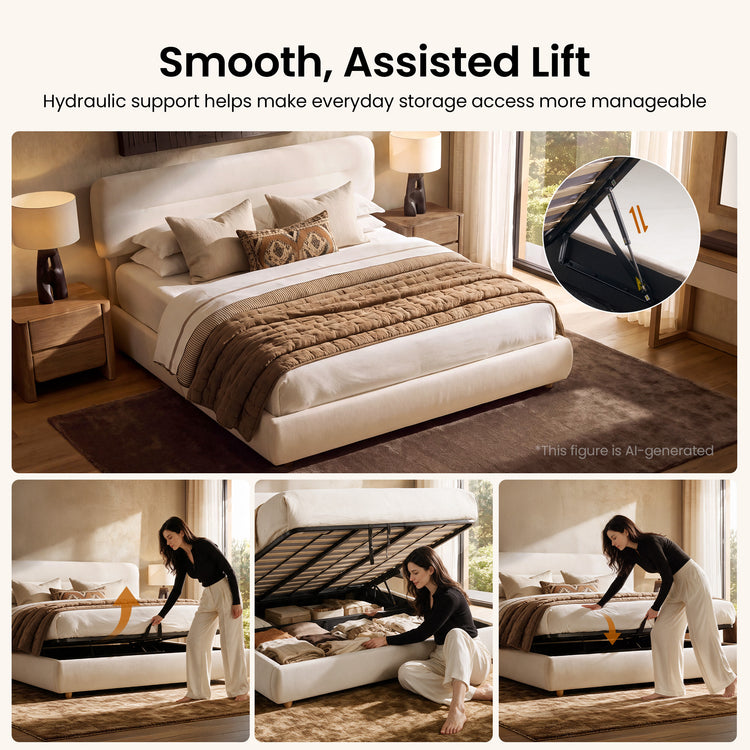 Diagram showing a cream-colored bed with a lift-up mattress platform, a close-up of its support mechanism, and a woman raising it, accessing under-bed storage, and lowering it.