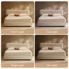 Four-panel comparison of a cream-colored bed with a rounded padded headboard, white bedding and a brown accent pillow under lighting labeled Warm Light, Cold Light, Bright Light and Dim Light.