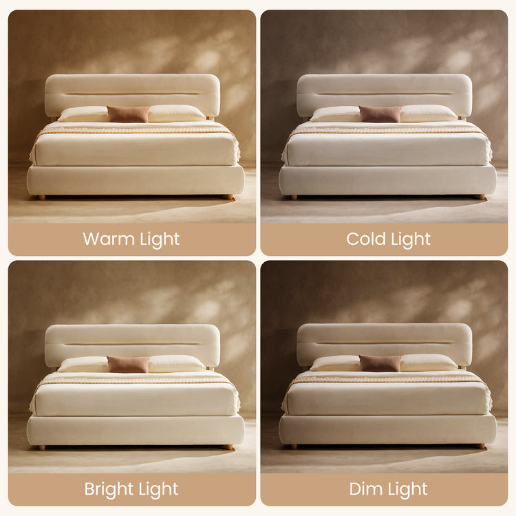 Four-panel comparison of a cream-colored bed with a rounded padded headboard, white bedding and a brown accent pillow under lighting labeled Warm Light, Cold Light, Bright Light and Dim Light.